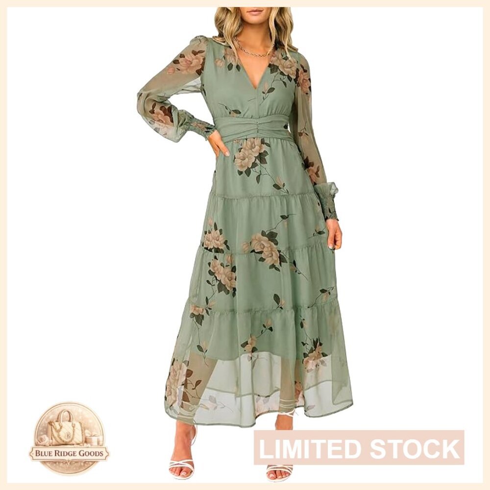 Floral Chiffon Maxi Dress V Neck Long Sleeve Boho Wedding Guest Party
